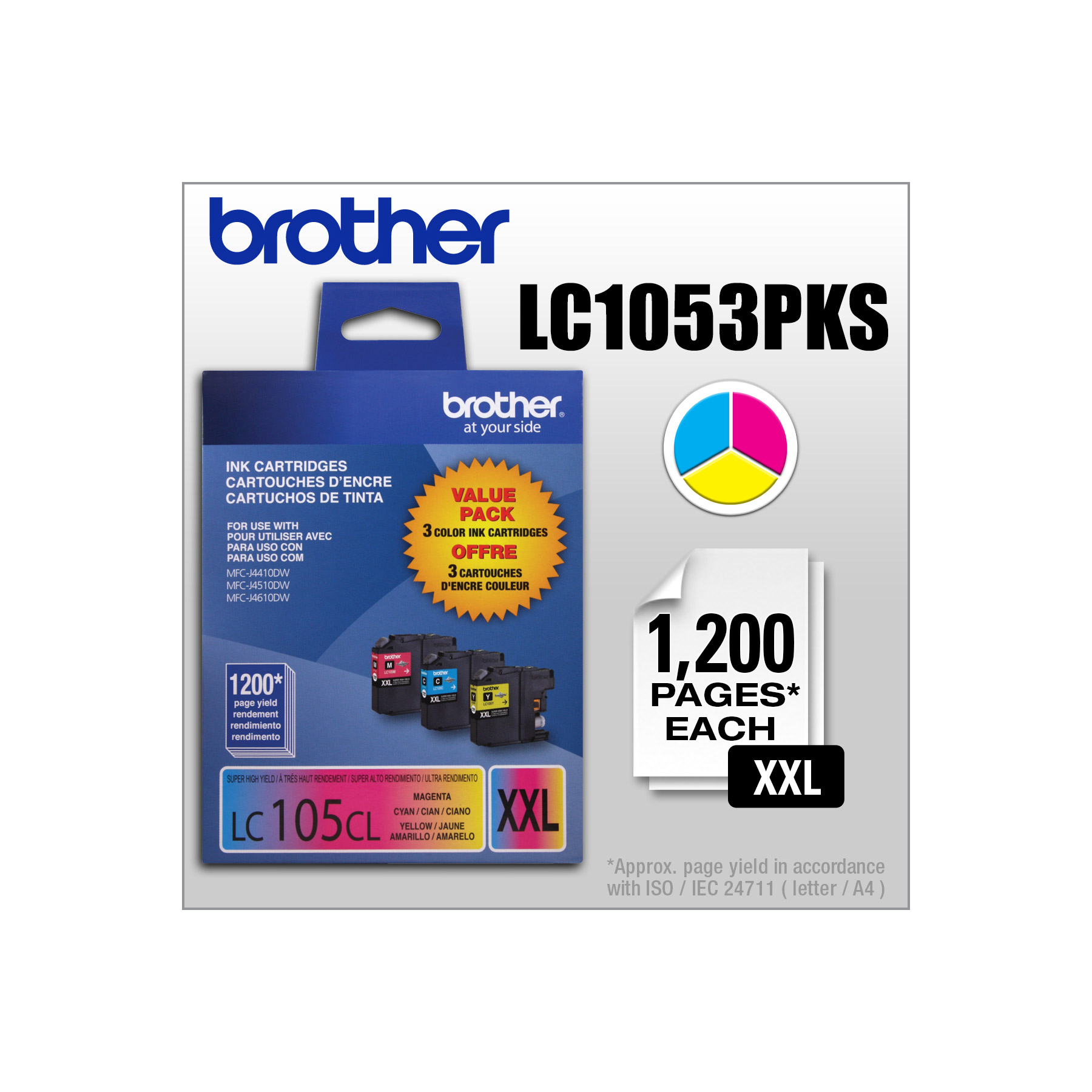 Brother LC1053PKS 3-Pack of Innobella Colour Ink Cartridges (1 each of Cyan, Magenta, Yellow), Super High Yield (XXL Series)