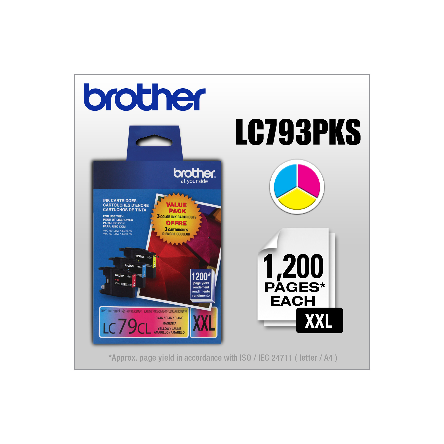 Brother LC793PKS 3-Pack of Innobella Colour Ink Cartridges (1 each of Cyan, Magenta, Yellow), Super High Yield