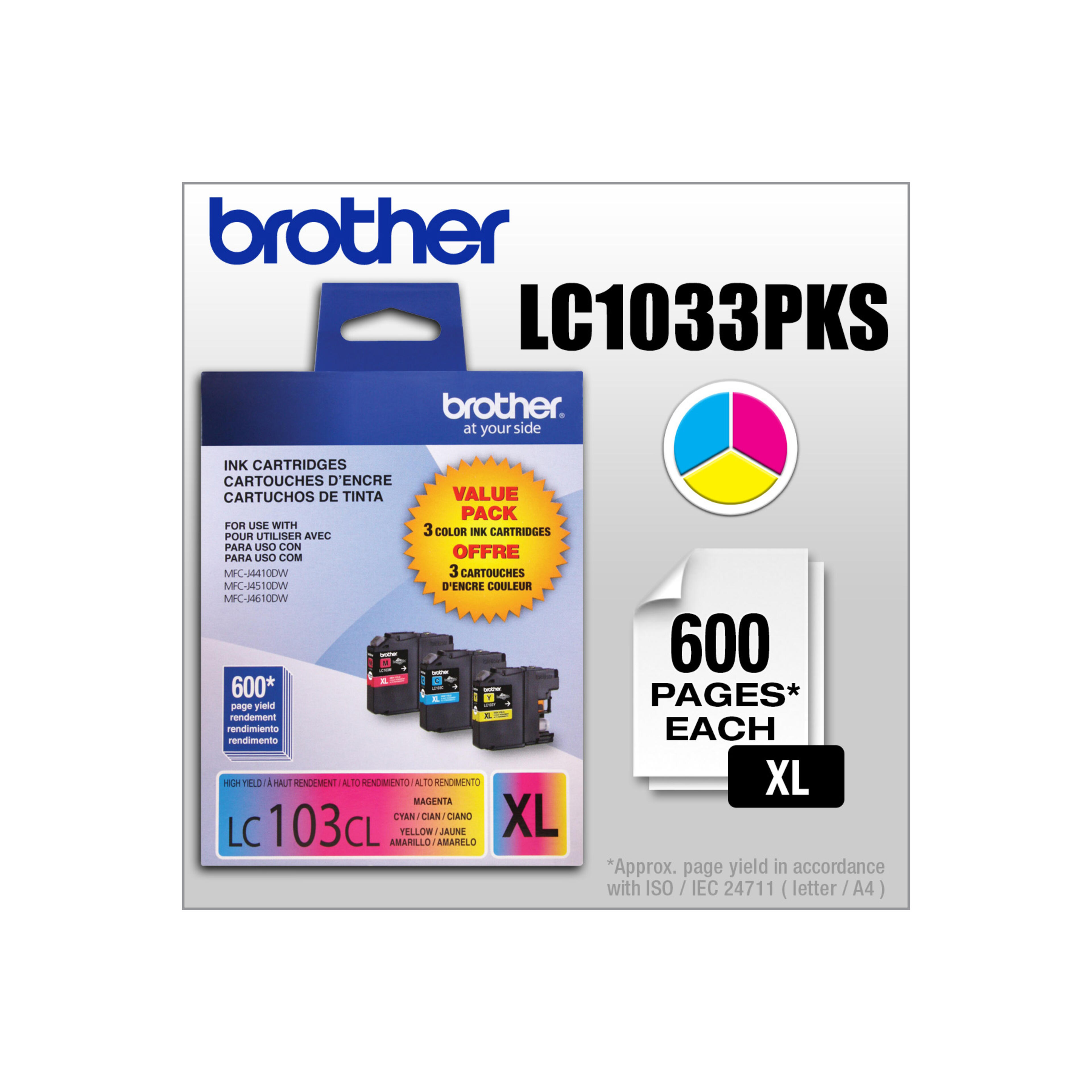 Brother LC1033PKS 3-Pack of Innobella Colour Ink Cartridges (1 each of Cyan, Magenta, Yellow), High Yield (XL Series)