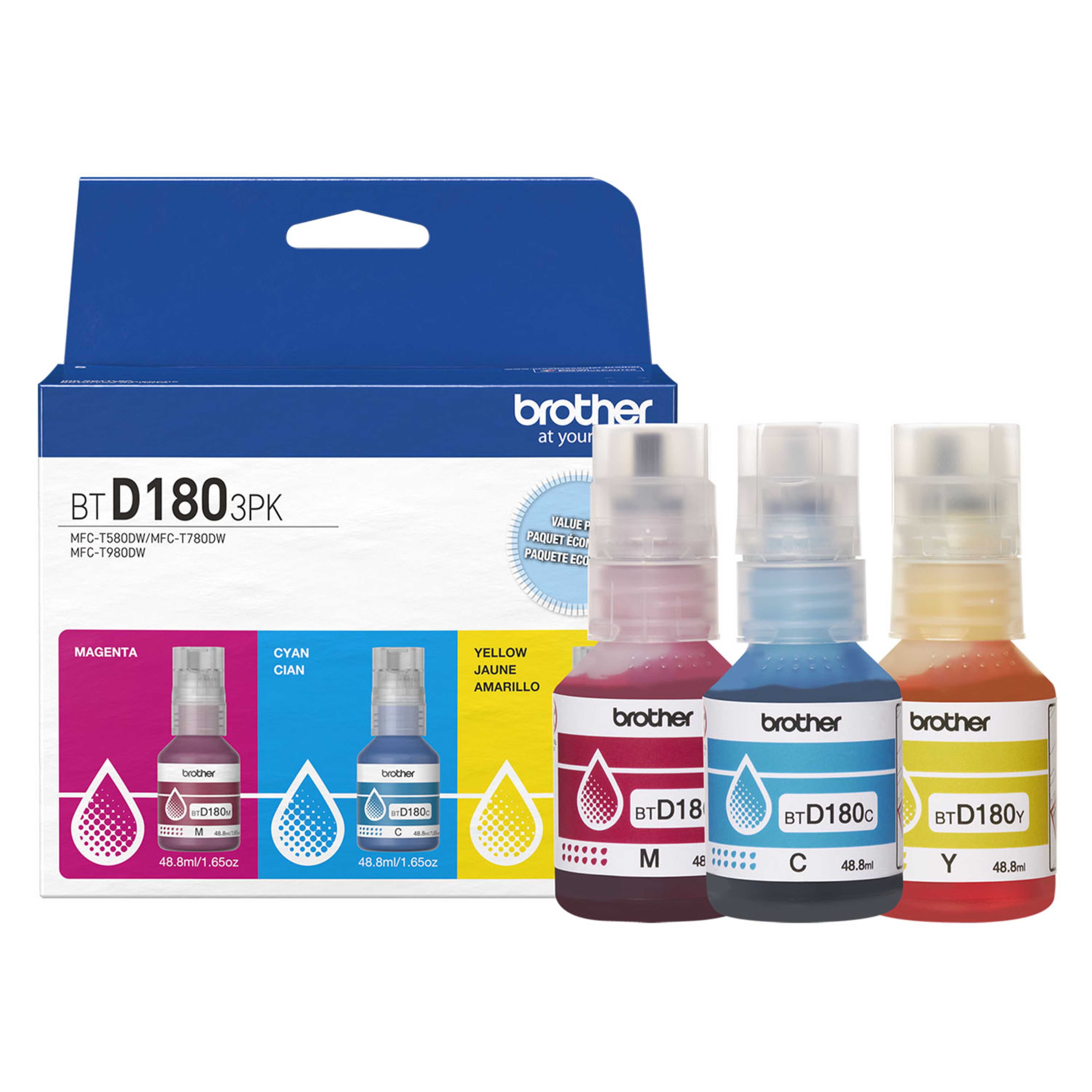 Brother Genuine BTD1803PKS High Yield Cyan, Magenta, Yellow Ink Bottles